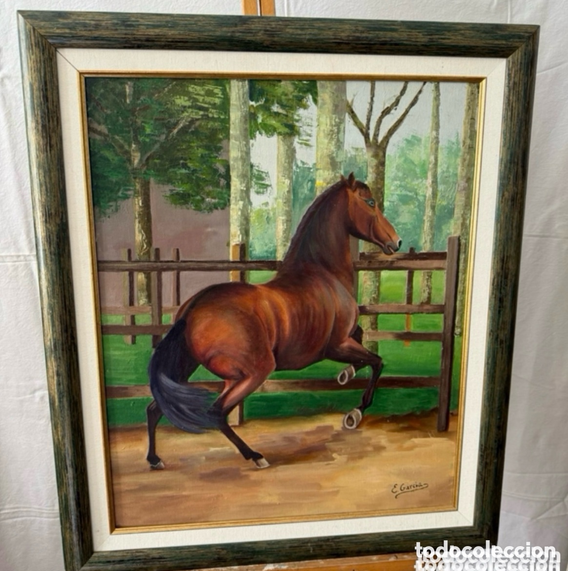 Arte: Caballo al trote &oacute;leo sobre lienzo firmado Eladio Garc&iacute;a M&aacute;rquez firmado. (60X50 CT).