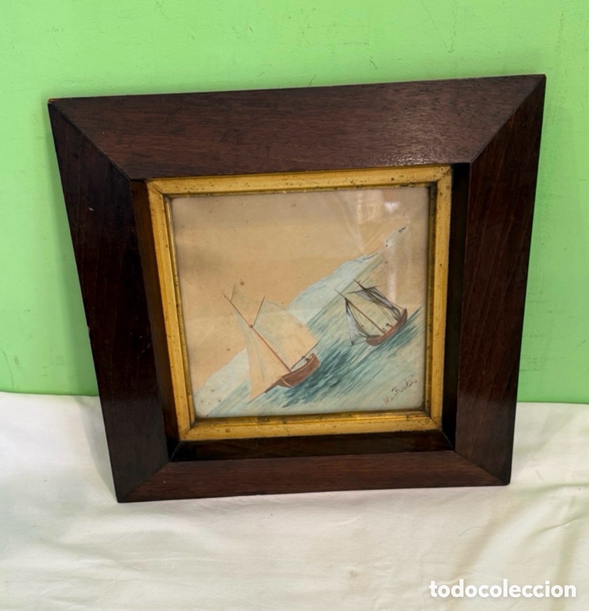 Arte: Manuel Rubio &Oacute;leo Sobre Tabla Marina Barcos Firmado Marco Original &Eacute;poca