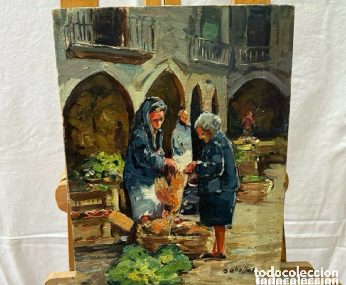 Kunst: Salvador Baliellas - Escena de mercado tradicional - &oacute;leo sobre lienzo firmado - Olot Barcelona