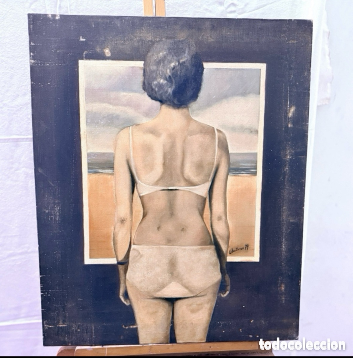 Arte: Ricard Calvo Dur&aacute;n &oacute;leo sobre lienzo &rdquo; Weird Weekend&rdquo; 1979 figura femenina playa.