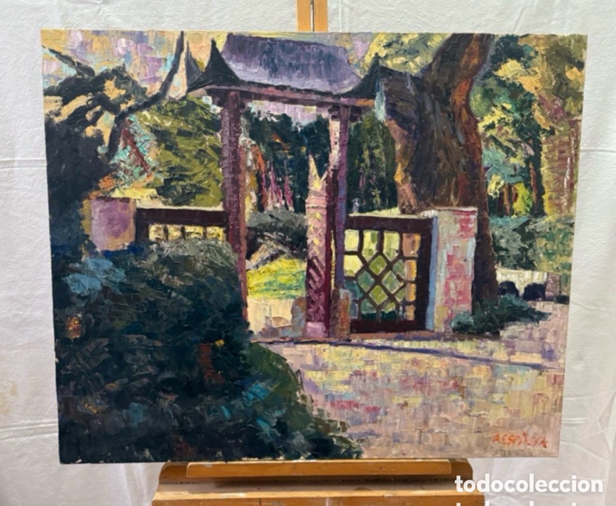 Arte: &Aacute;lvarez Espinosa &oacute;leo sobre lienzo jard&iacute;n oriental pintura firmada vintage.