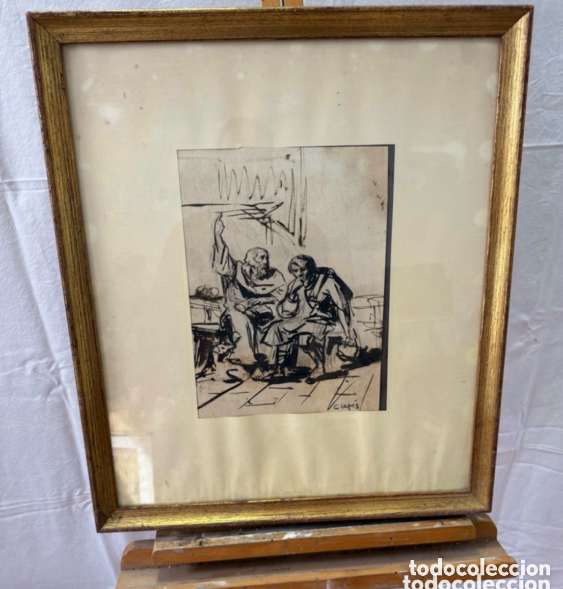 Kunst: Dibujo a tinta escena figurativa firmado