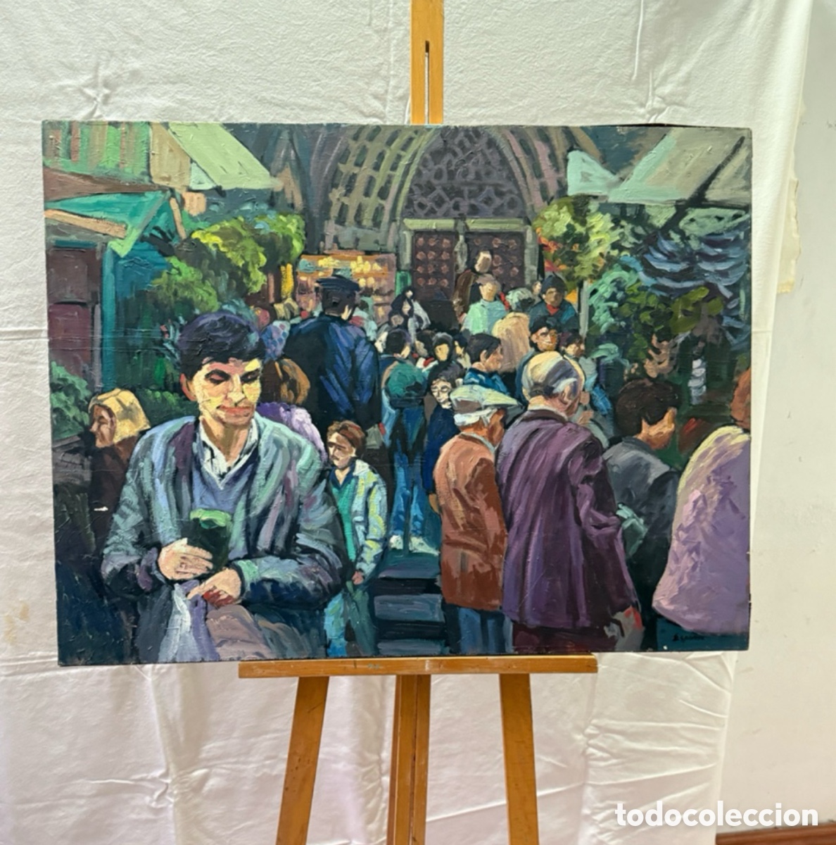 Arte: &Aacute;lvaro Espinosa &oacute;leo sobre lienzo escena urbana mercado gran formato firmado.