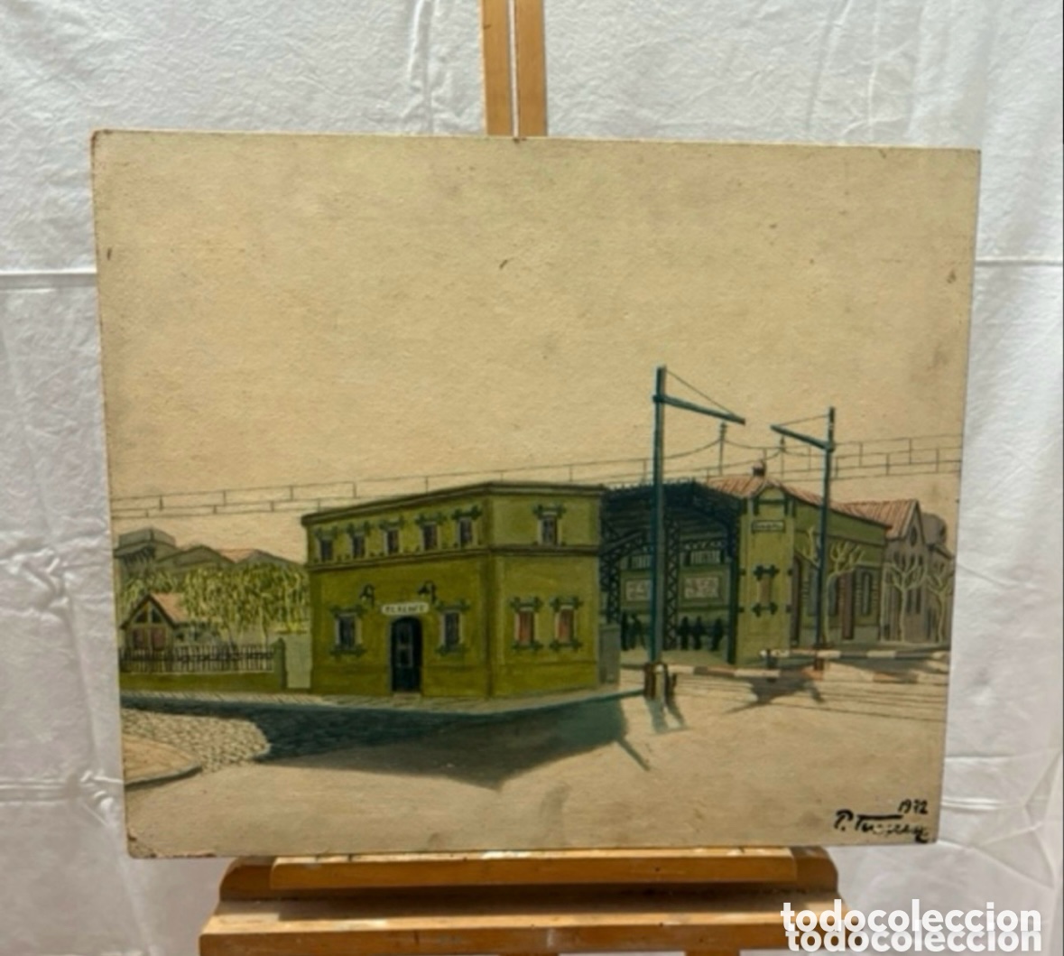 Kunst: &Oacute;leo sobre tablex firmado estaci&oacute;n RENFE escena ferroviaria colecci&oacute;n.