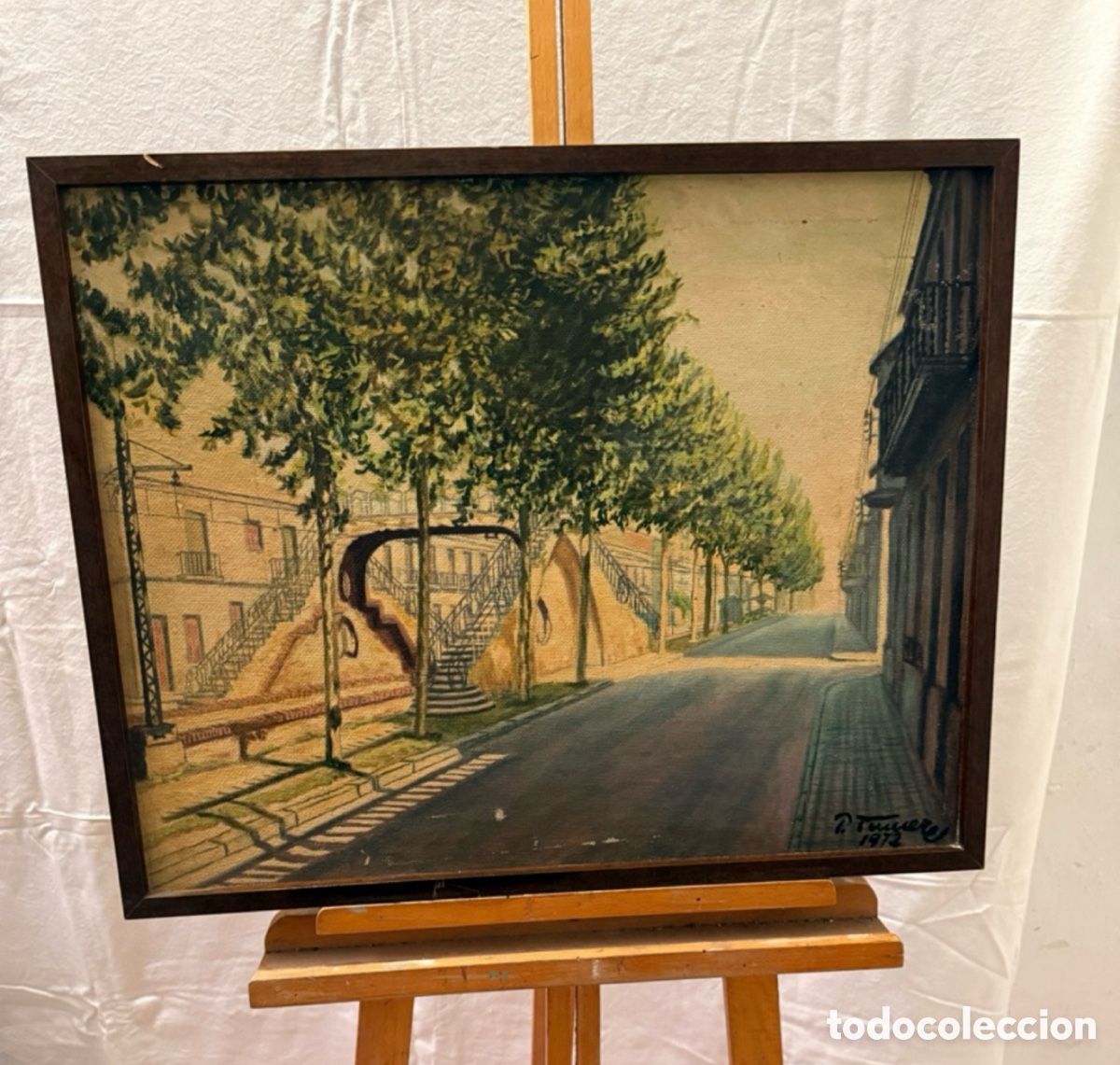 Arte: &Oacute;leo sobre tablex estaci&oacute;n ferrocarril obra firmada 1972 escuela espa&ntilde;ola escena urbana (63X50 cm).