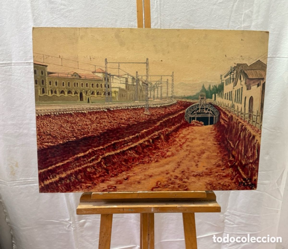 Kunst: &Oacute;leo sobre tablex estaci&oacute;n ferrocarril obra firmada escuela espa&ntilde;ola firma a estudiar (74X52 cm).