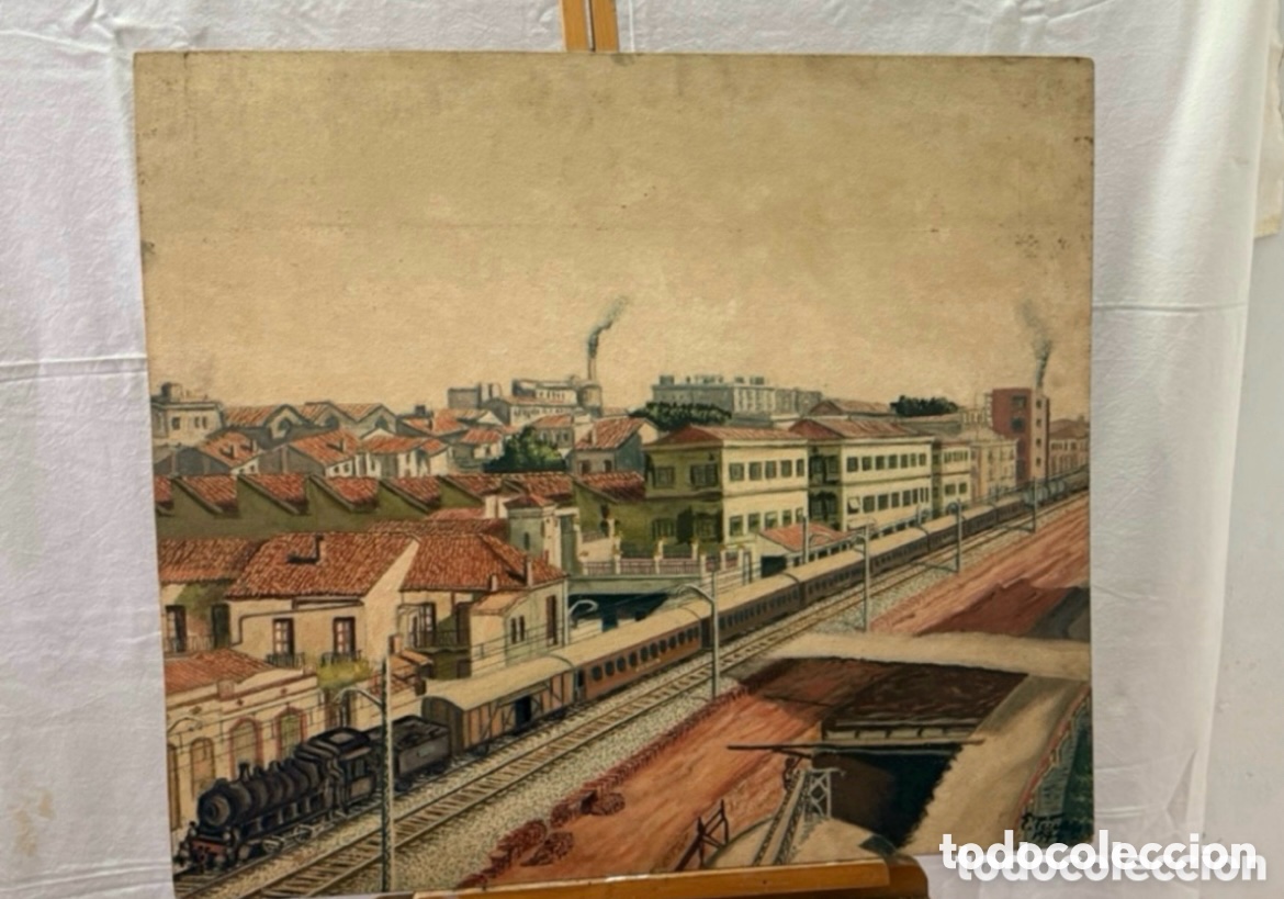 Arte: &Oacute;leo sobre tablex paisaje urbano con tren estaci&oacute;n ferrocarril escuela espa&ntilde;ola (75X65сm).