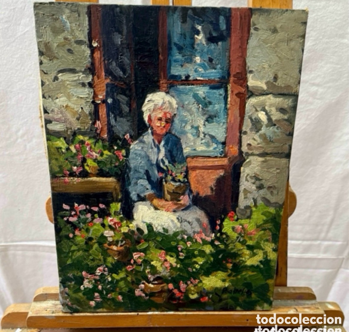 Arte: Salvador Baliellas - Escena costumbrista con mujer y flores. Lienzo. Escuela de Olot.