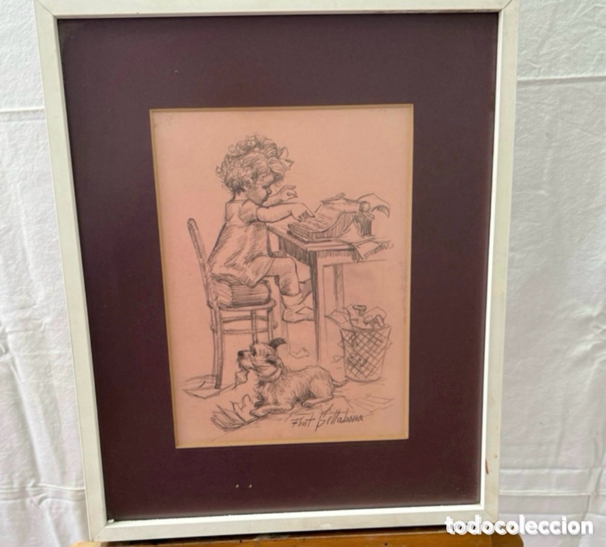 Kunst: Dibujo humor&iacute;stico infantil firmado Font Sellabona - Ni&ntilde;o escribiendo con perro. Tinta sobre papel