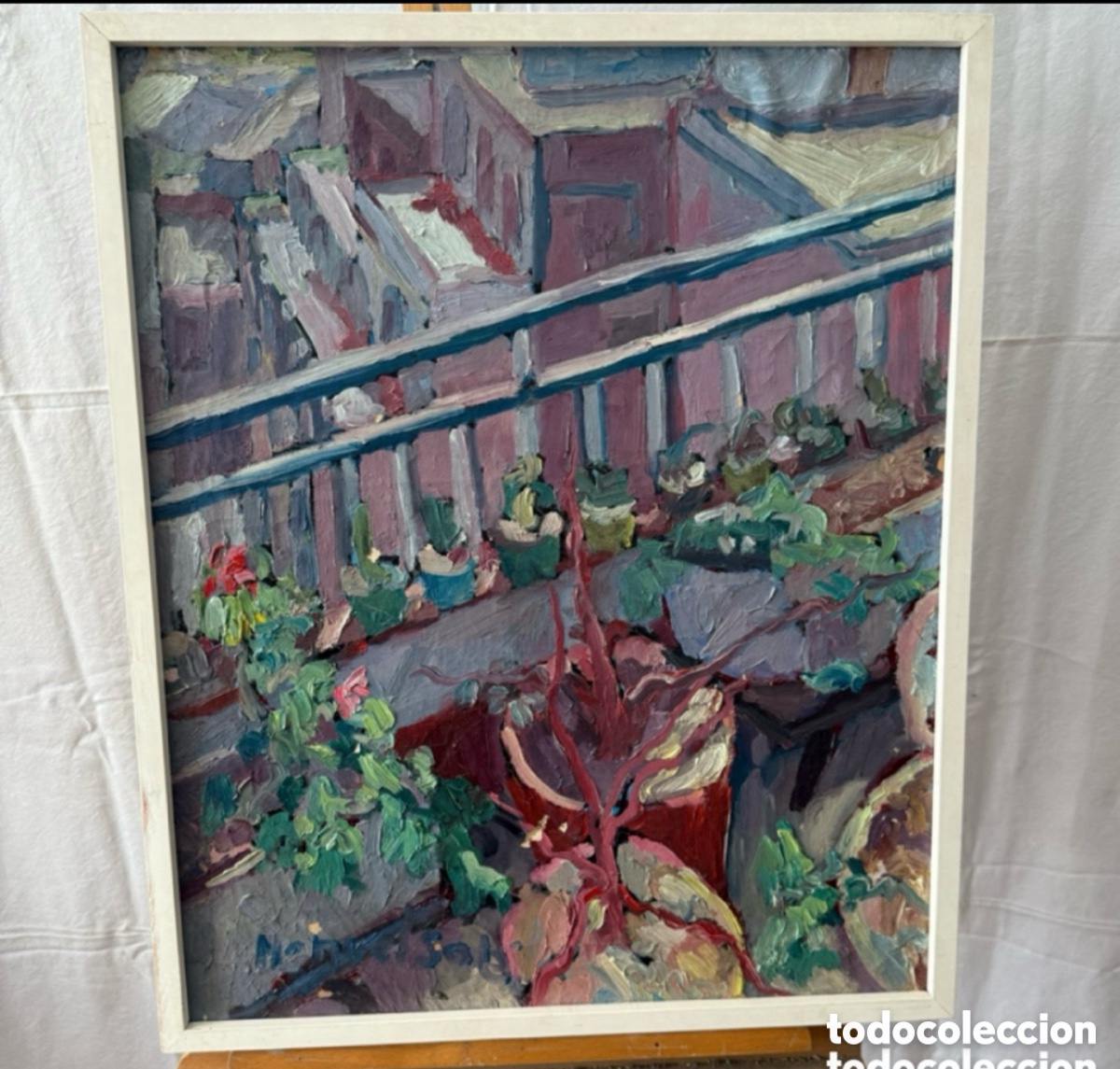 Art: Antiguo &Oacute;leo sobre lienzo vista urbana desde balc&oacute;n firmado.