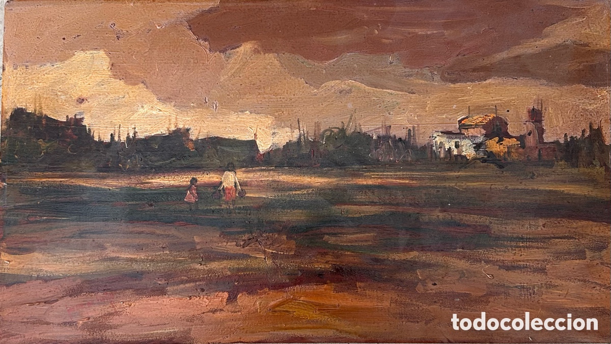 Art: Juan Ortu&ntilde;o (Yecla, 1940-1997) &ndash; Paisaje al atardecer con figuras. &Oacute;leo sobre tabla (44 x 25 cm)