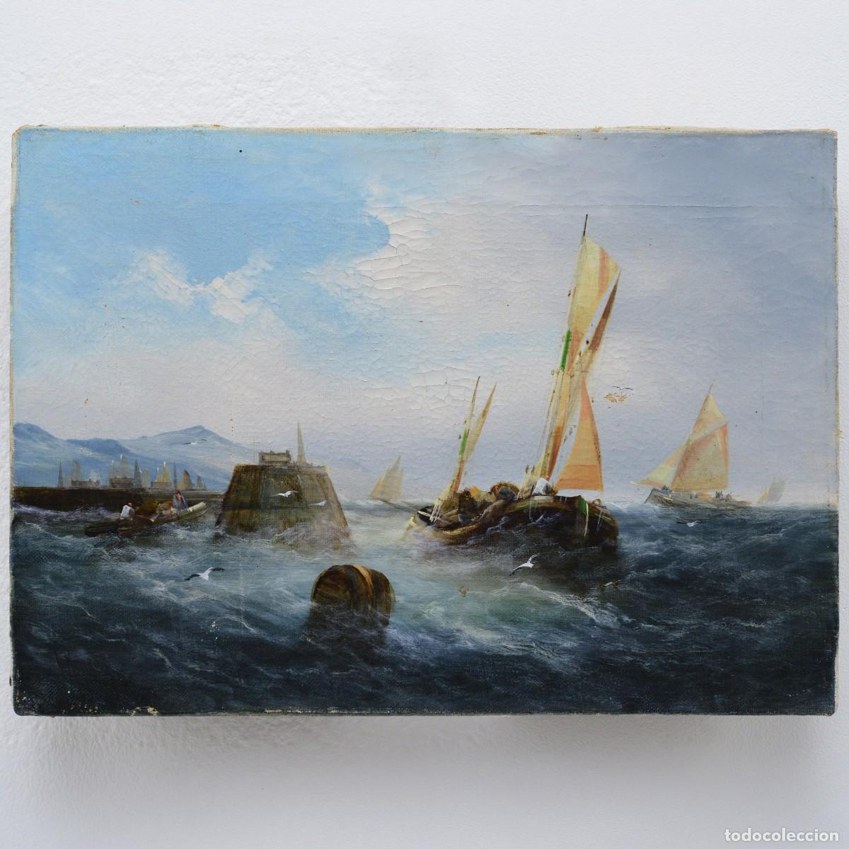 Arte: 19th Century British Romantic Seascape Fishing Sailing Boats Oil Canvas Signed