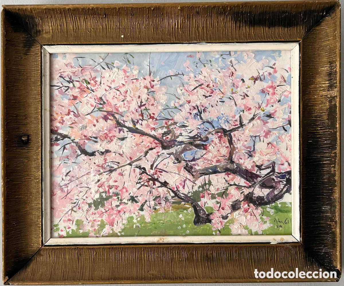 Arte: &Oacute;leo sobre tabla &ndash; &Aacute;rbol en flor. Paisaje de inspiraci&oacute;n impresionista. Firmado