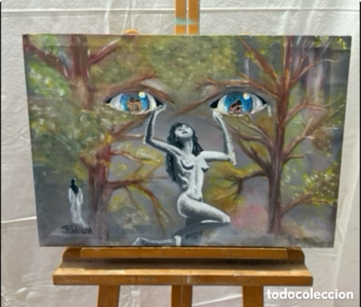 Arte: &Oacute;leo surrealista firmado escena simb&oacute;lica figura femenina y composici&oacute;n on&iacute;rica