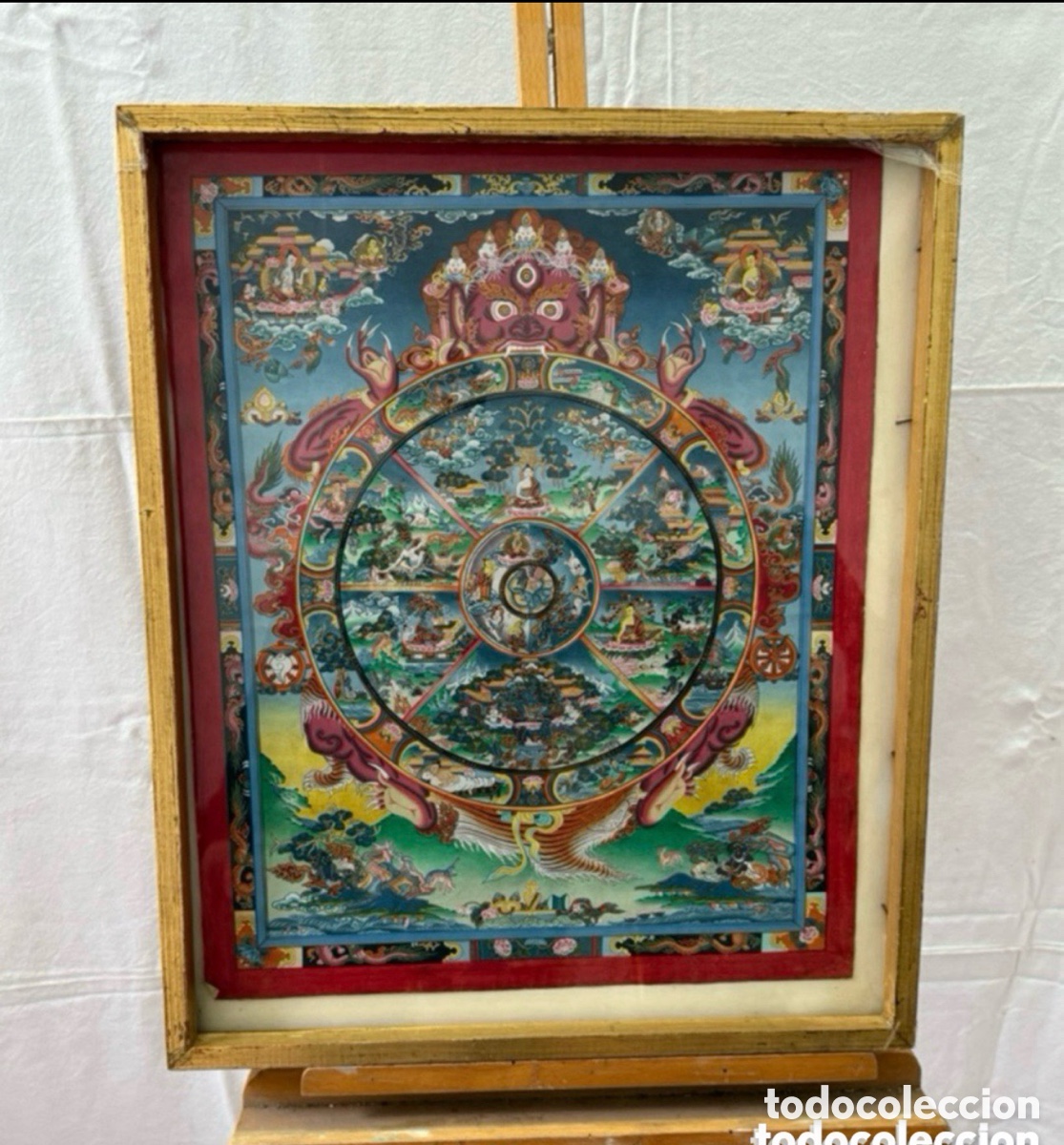 Kunst: Thangka tibetano pintado a mano. Rueda de la Vida (Bhavachakra). Arte budista.