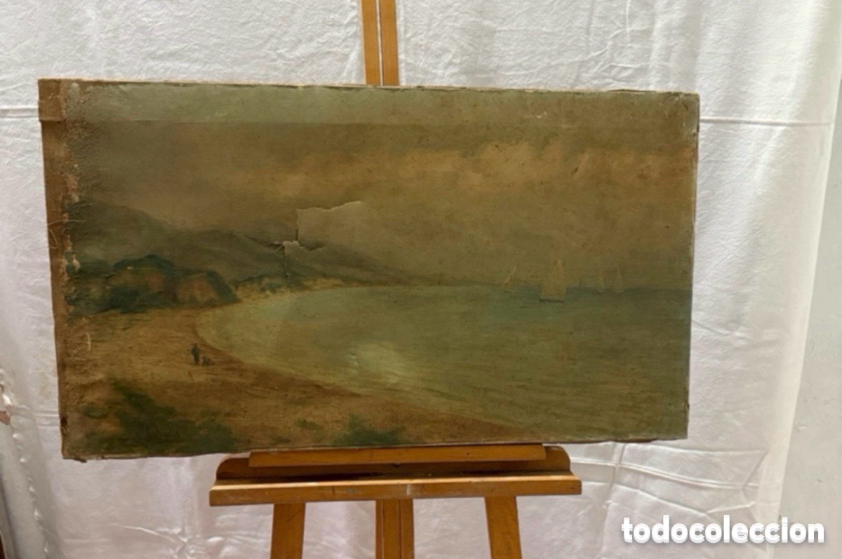 Kunst: Jos&eacute; Arias Ram&iacute;rez (atr.) - Marina Mediterr&aacute;nea con Veleros y Bah&iacute;a - &Oacute;leo sobre Lienzo, SXIX.