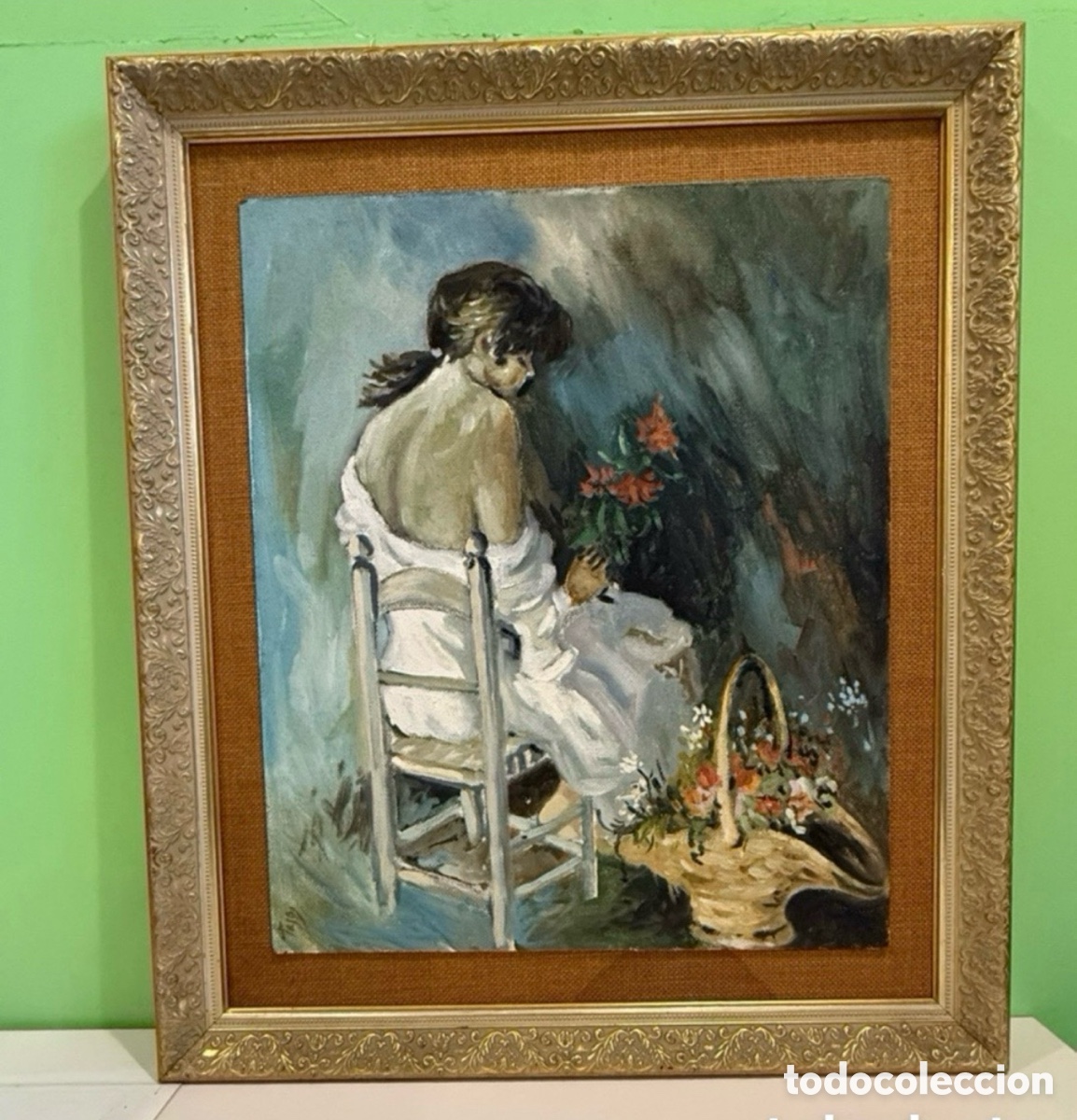 Kunst: &Oacute;leo sobre lienzo escena femenina con flores pintura figurativa siglo XX firmada.