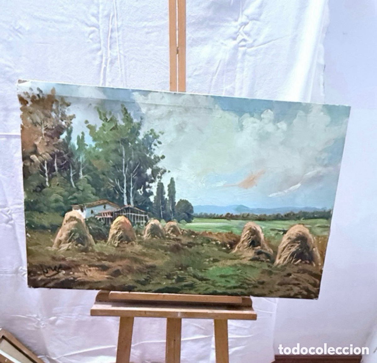 Arte: &Oacute;leo sobre lienzo patio con jard&iacute;n y casa mediterr&aacute;nea. Firmado Villarejo. 73X50.