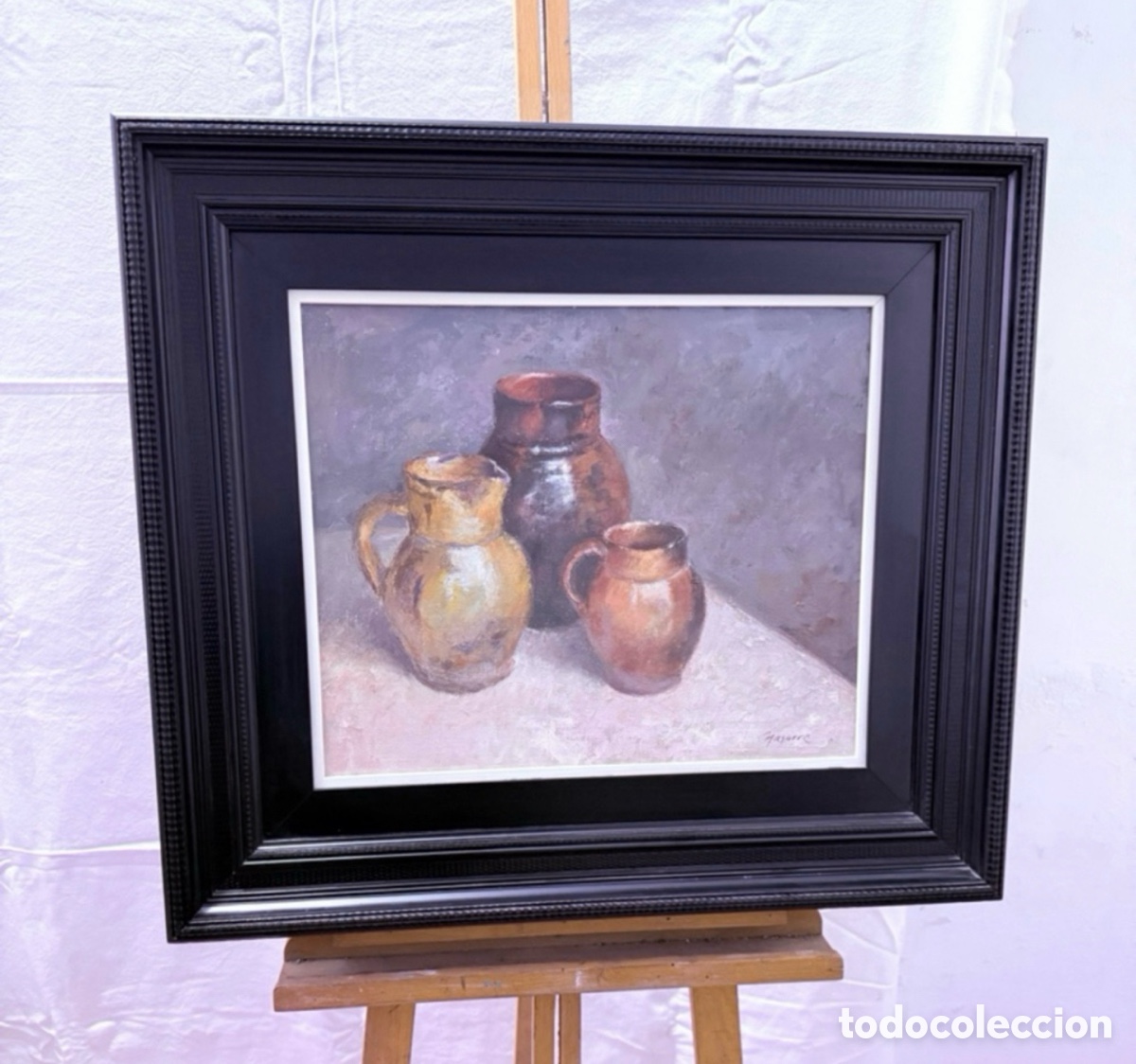 Kunst: Bodeg&oacute;n con jarras de cer&aacute;mica. &Oacute;leo sobre lienzo firmado Nasarre