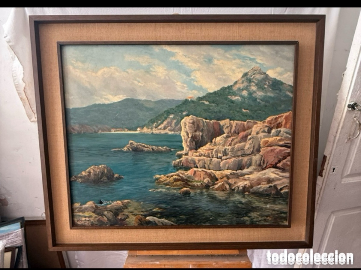 Arte: &oacute;leo sobre lienzo paisaje marino costa mediterr&aacute;nea firmado y fechado.