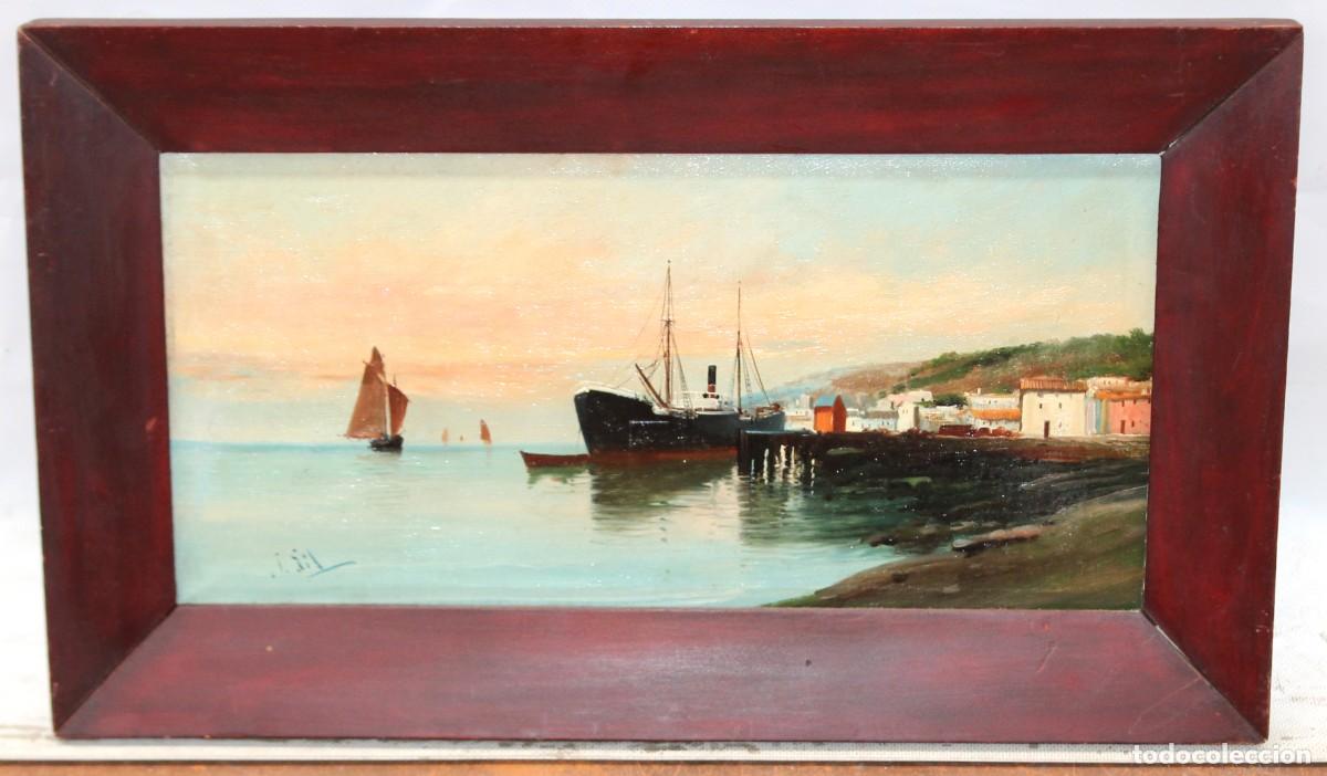 Arte: JOSE GIL (1860 – 1932) OLEO SOBRE TELA. VISTA PORTUARIA. 22 X 44 CM.