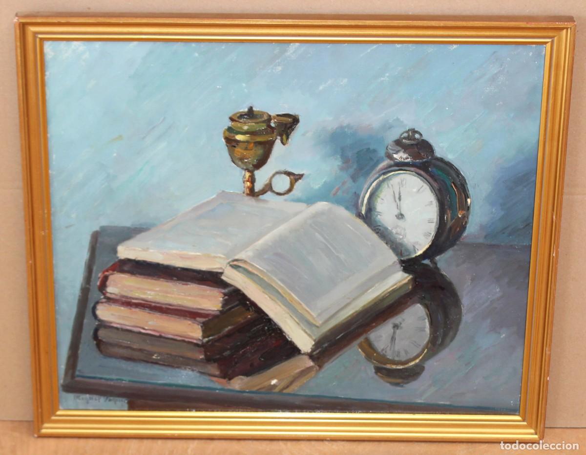 Arte: MIGUEL VAQUER CALUMARTE (Ondara, 1910 - 1988) OLEO SOBRE TELA TITULADO VIEJOS LIBROS. A&Ntilde;O 1971