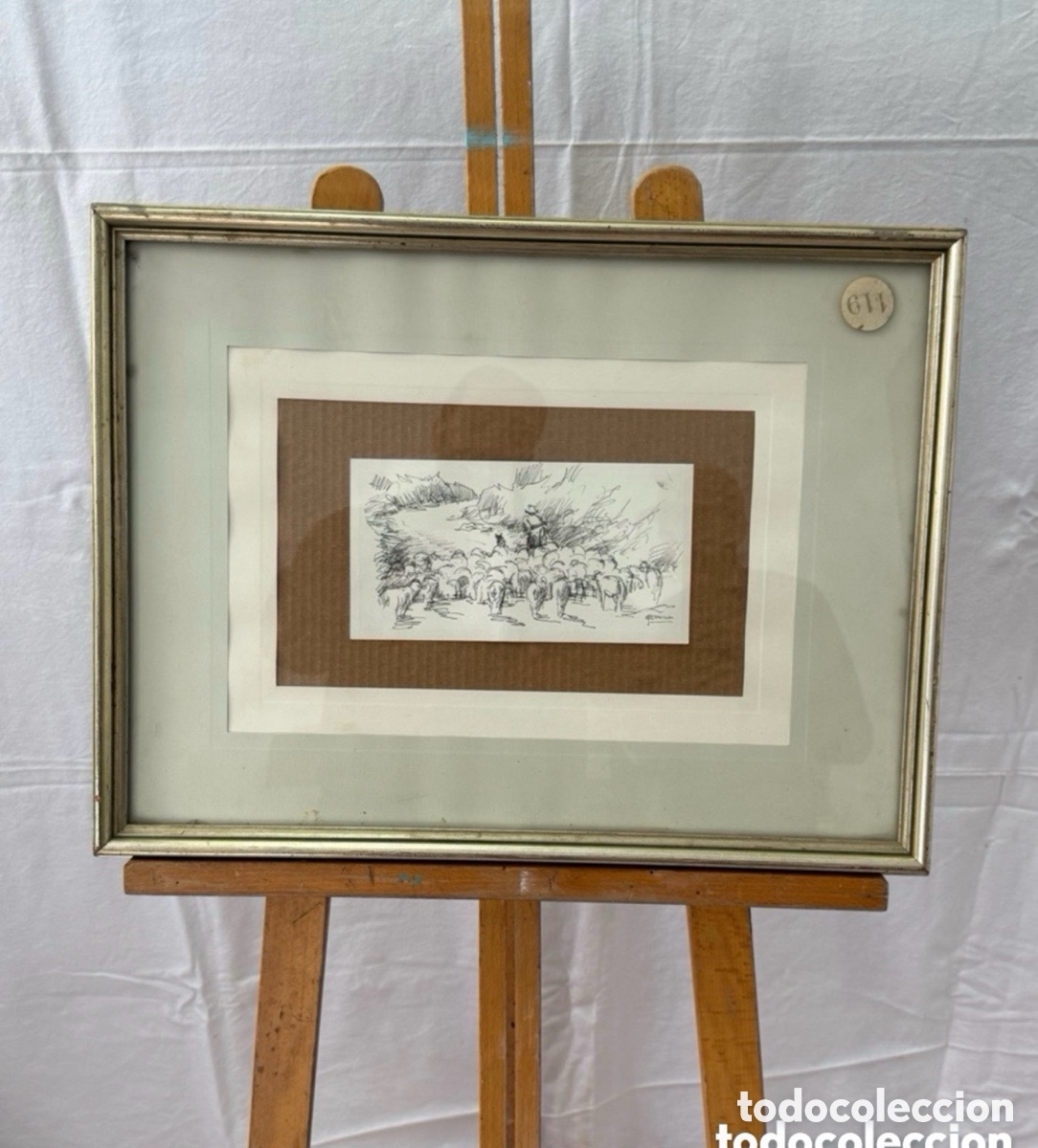 Kunst: Jacinto Conill (1914-1992). Dibujo a tinta. Escena pastoril con reba&ntilde;o. Firmado.