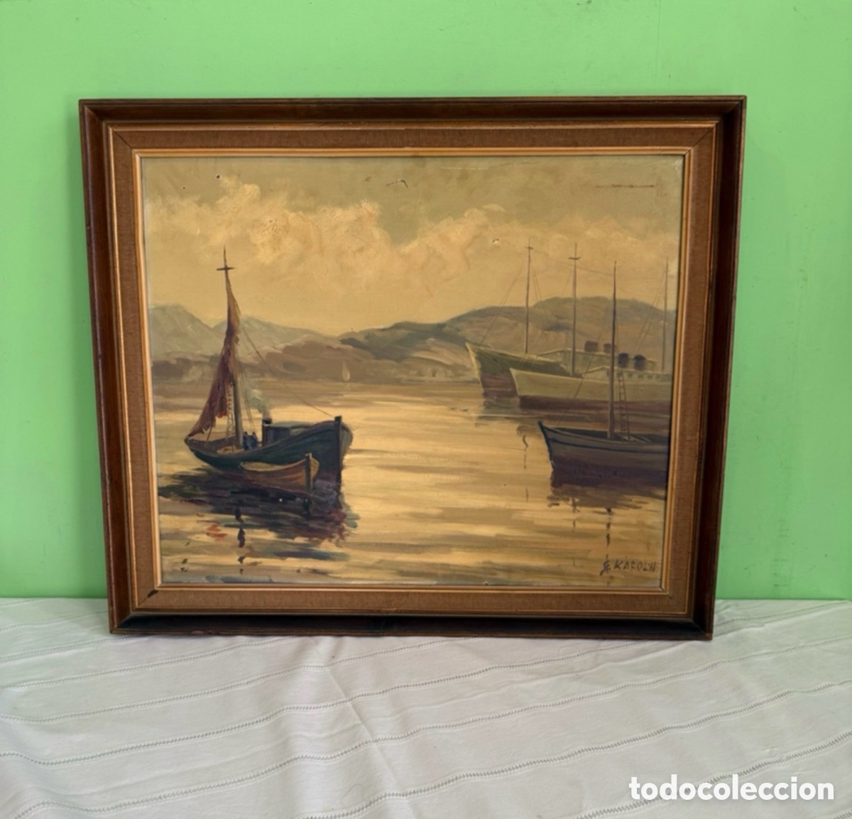 Kunst: &Oacute;leo sobre lienzo firmado G. Karolyi paisaje marino pintura h&uacute;ngara SXX.
