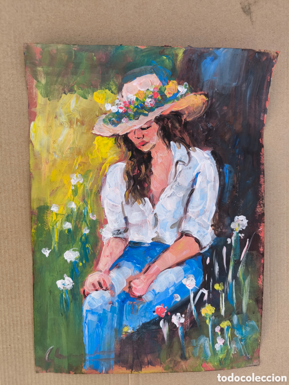 Arte: Mujer con sombrero bajo un &aacute;rbol ( hecho a mano )