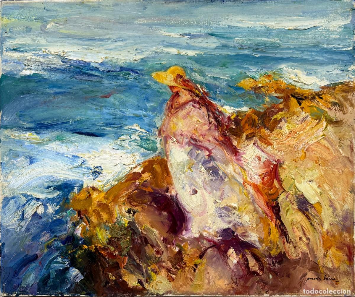 Arte: Jos&eacute; Antonio Pineda Bueno - En las rocas - &Oacute;leo sobre lienzo - Figura mediterr&aacute;nea junto al mar