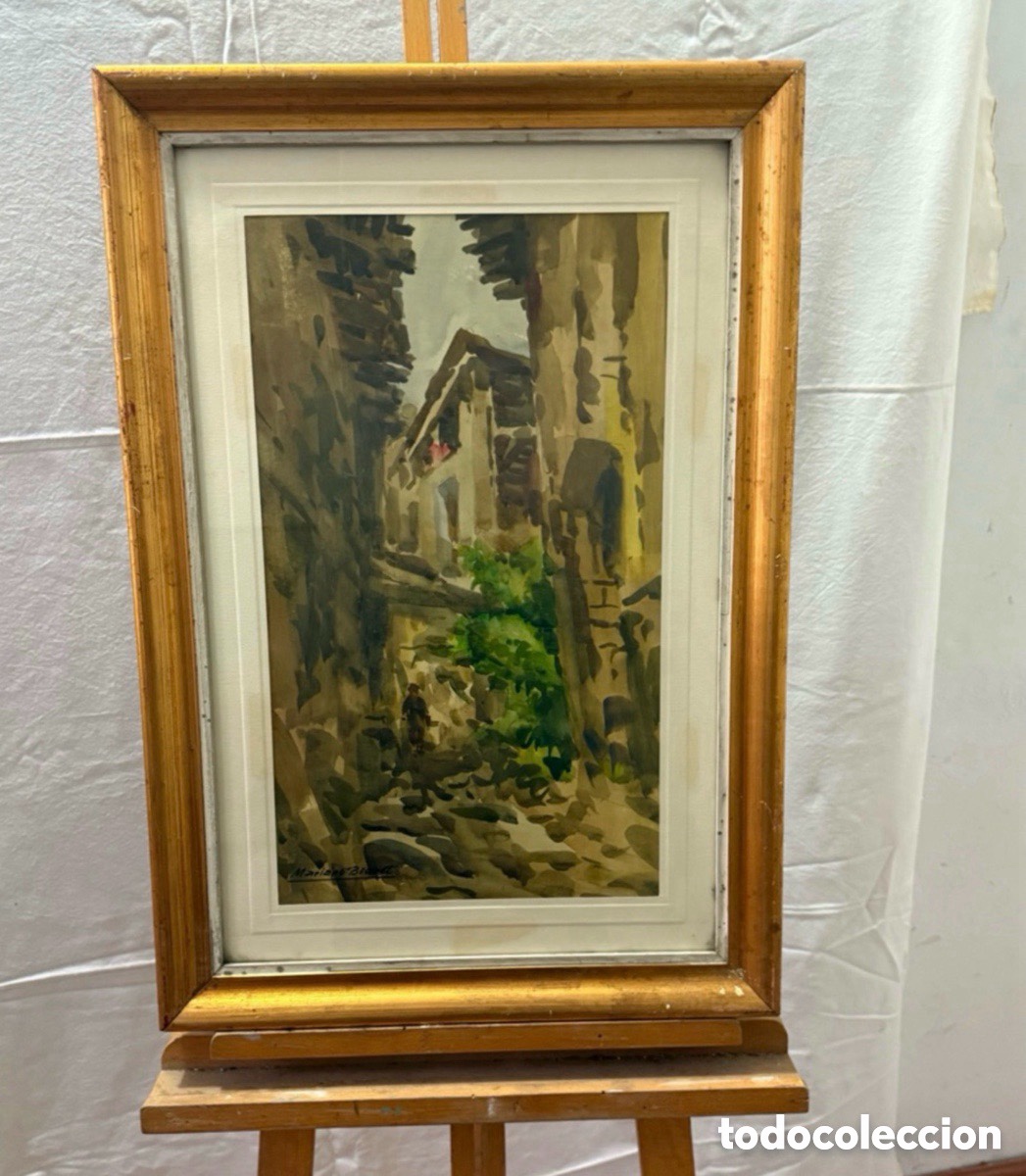Art: Mariano Brunet acuarela firmada paisaje urbano callej&oacute;n catal&aacute;n