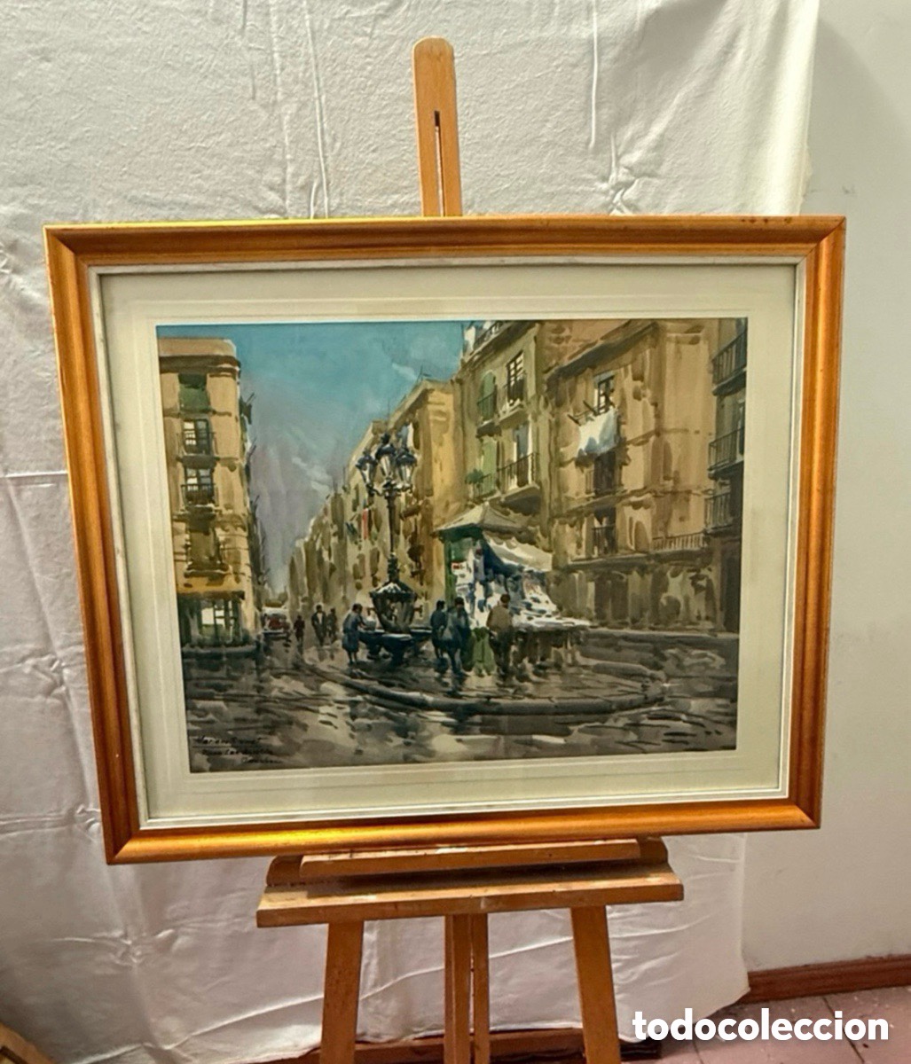 Art: Mariano Brunet acuarela firmada Plaza San Agust&iacute;n Barcelona escena urbana
