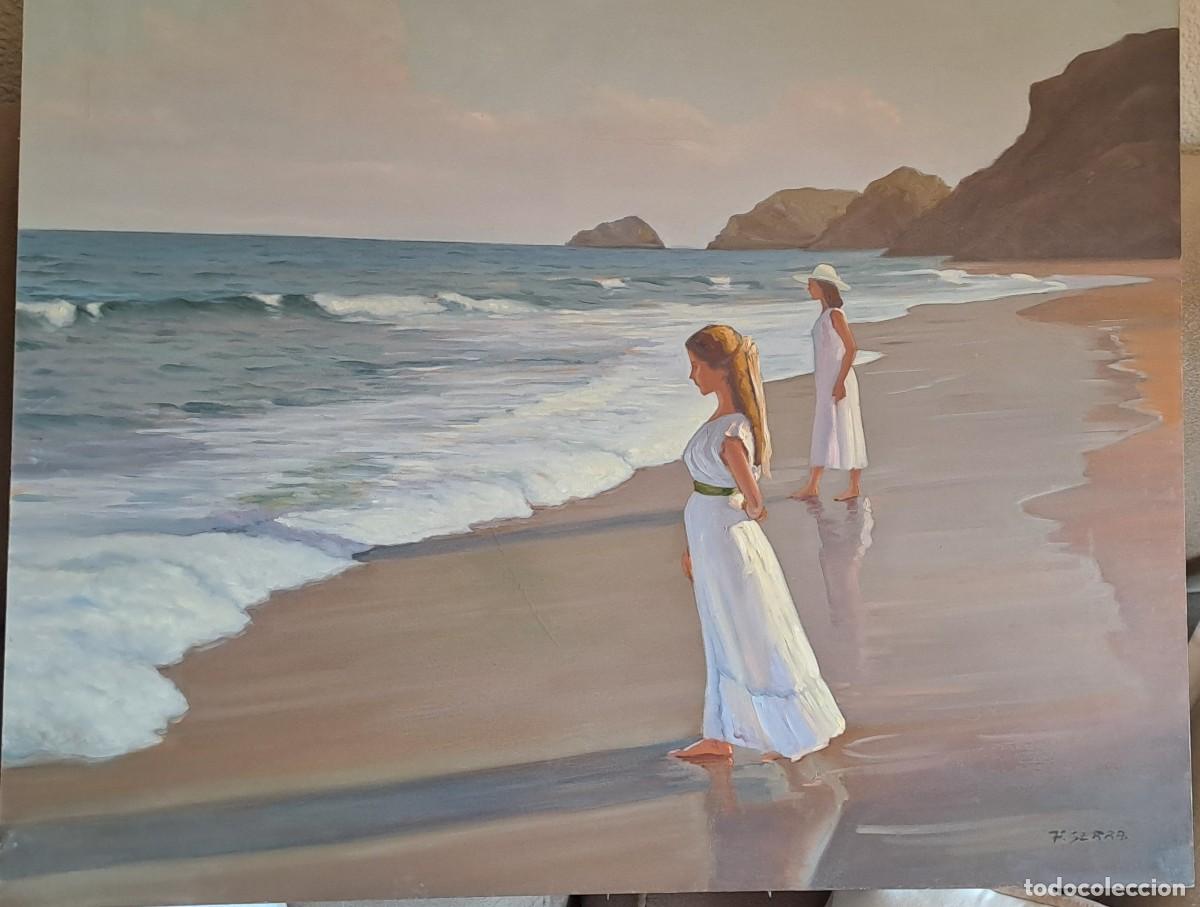 Arte: Cuadro original al &oacute;leo del pintor Felix Serra (1941). 2 j&oacute;venes en la playa