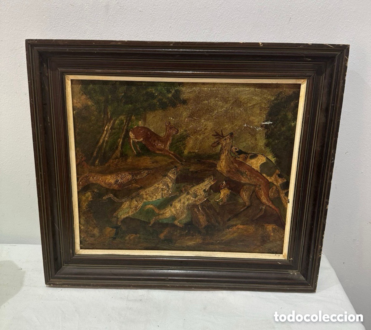 Kunst: &Oacute;leo antiguo sobre lienzo - Escena de caza - 50 &times; 50 cm