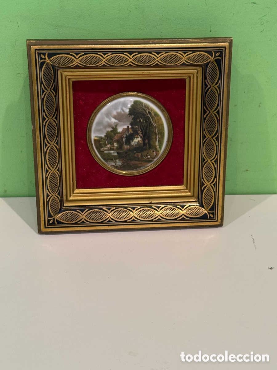 Kunst: Antiguo cuadro con medall&oacute;n de porcelana pintado a mano &ndash; Paisaje campestre &ndash; Marco de lujo
