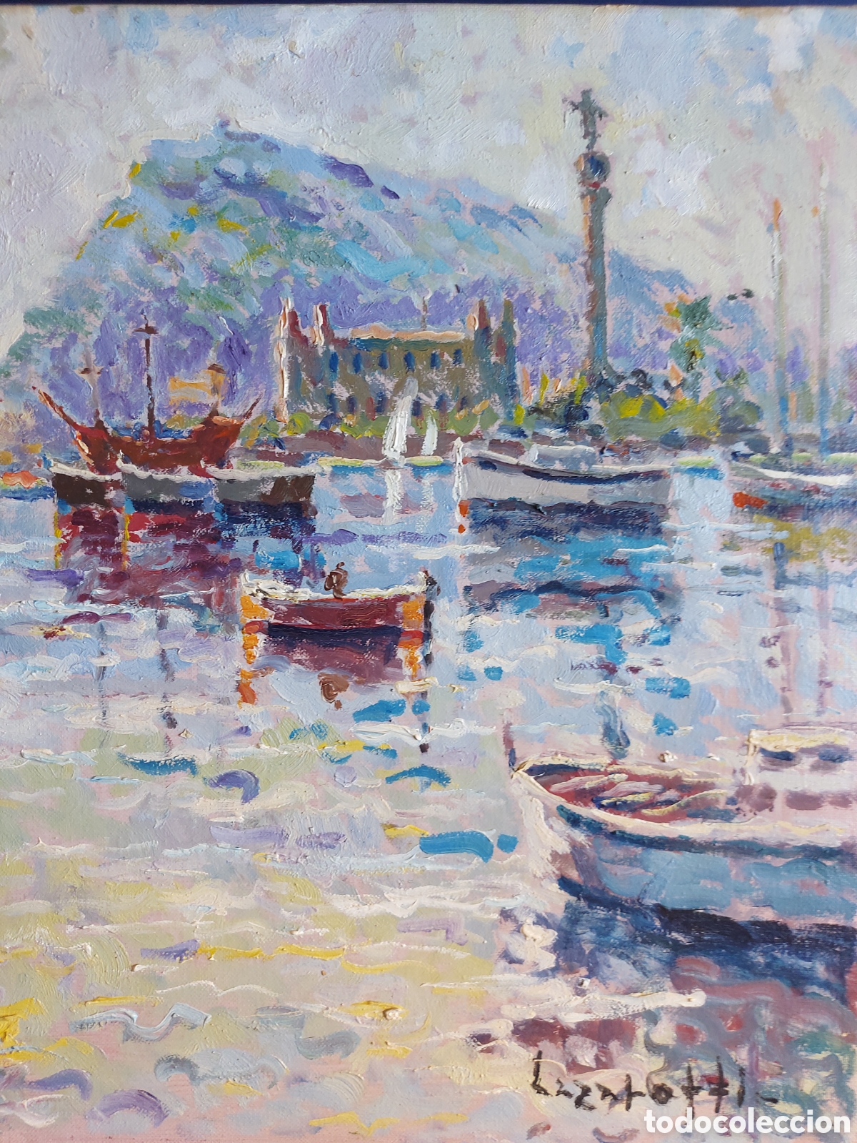 Arte: LAZAROTTI &rdquo;VISTA PANORAMICA DEL PUERTO DE BARCELONA&rdquo; OLEO IMPRESIONISTA