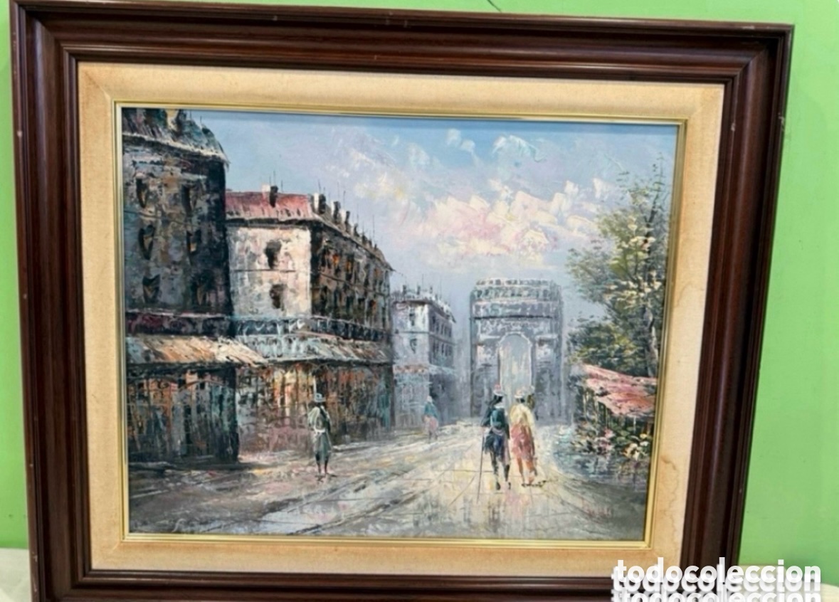Kunst: pintura al &oacute;leo sobre tablex de una escena callejera parisina firmado