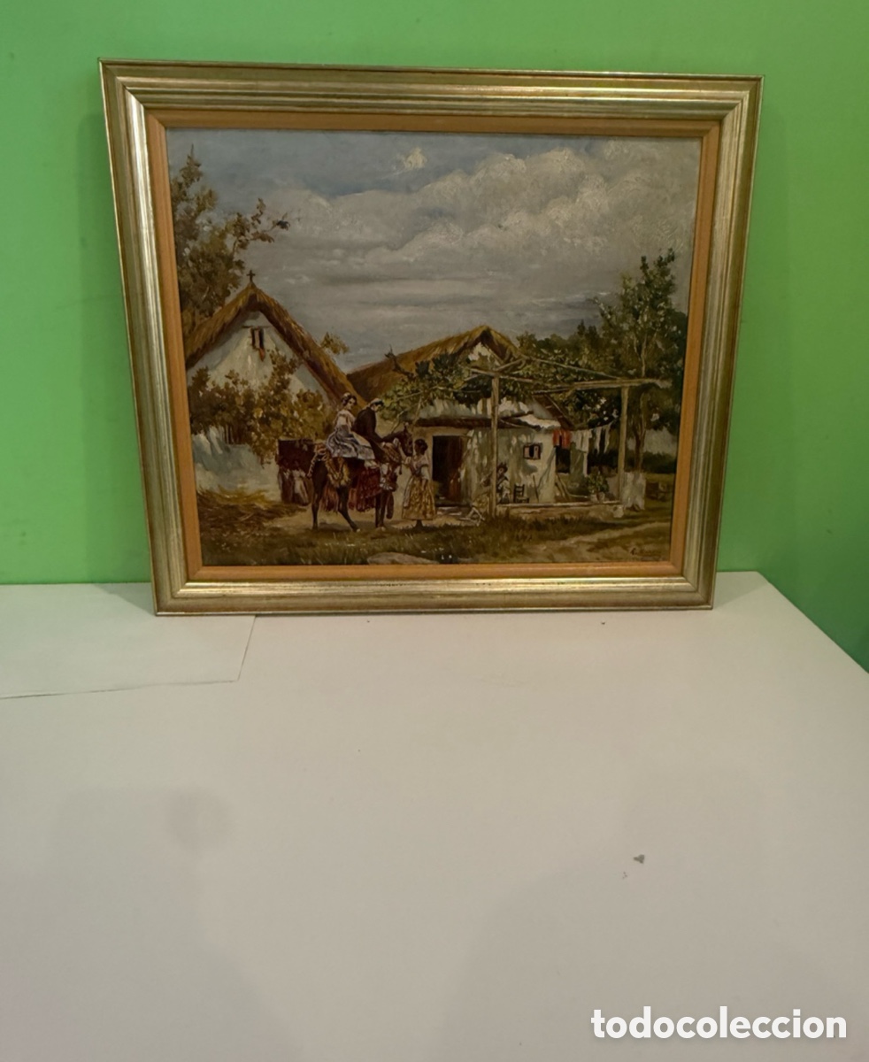 Arte: Antiguo &oacute;leo sobre lienzo firmado R. Nespleda. Escena costumbrista. Primera mitad s. XX