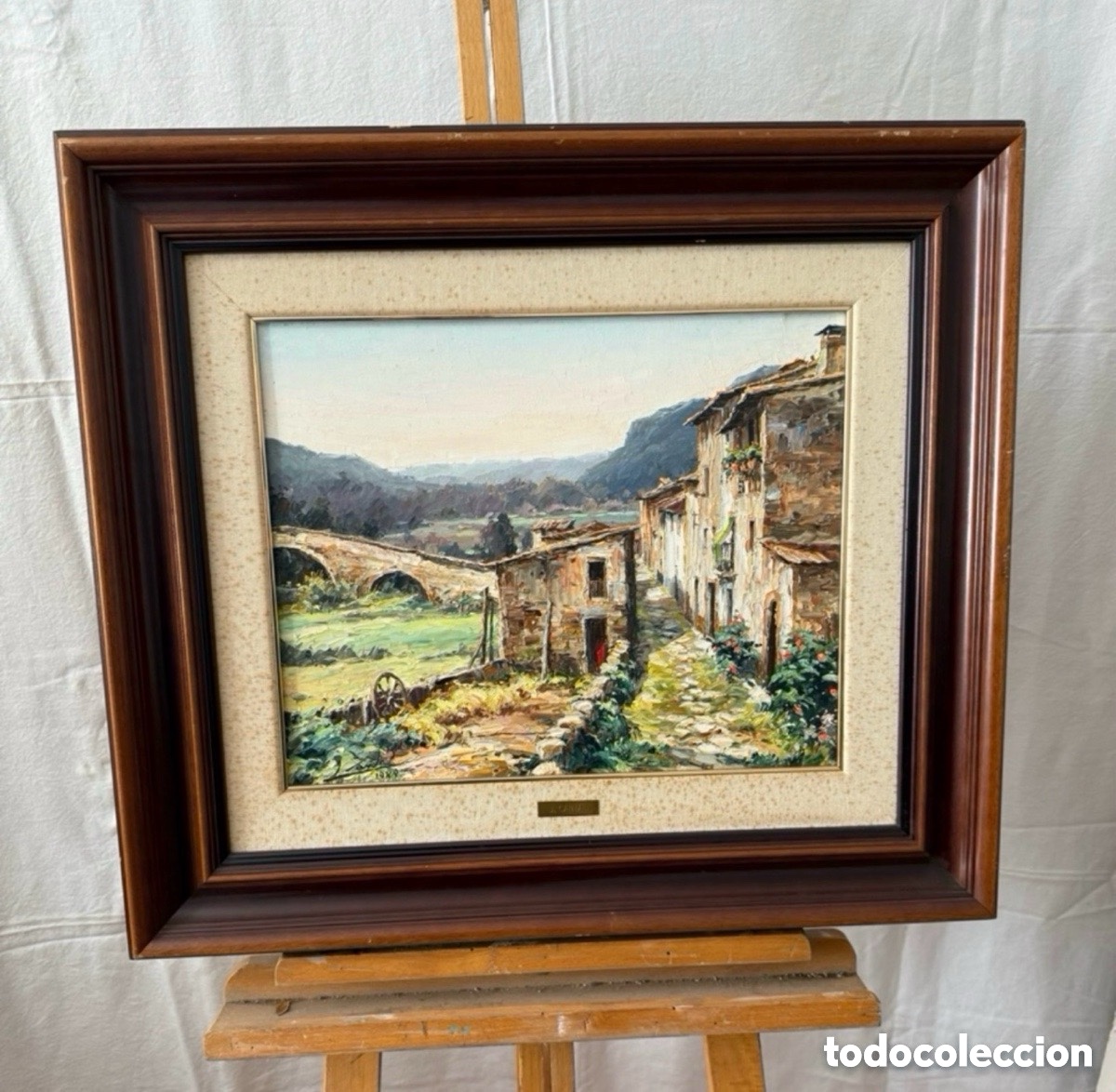 Arte: Joan Cantal paisaje de pueblo &oacute;leo sobre lienzo firmado y enmarcado escuela