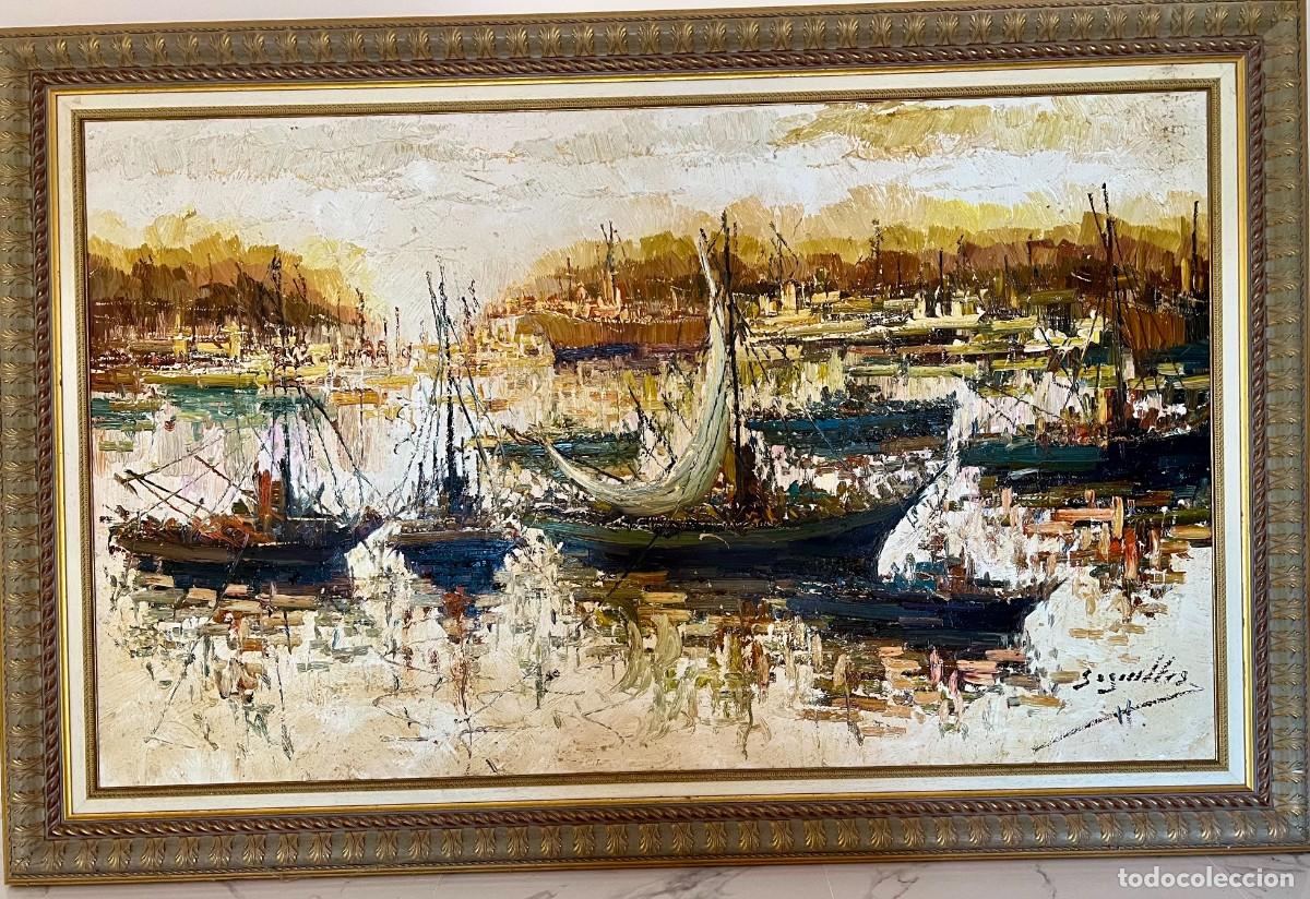 Arte: Antonio Segrelles (1946) &ndash; Gran &oacute;leo sobre lienzo &ndash; Marina con barcos &ndash; 162 x 97 cm &ndash; Firmado