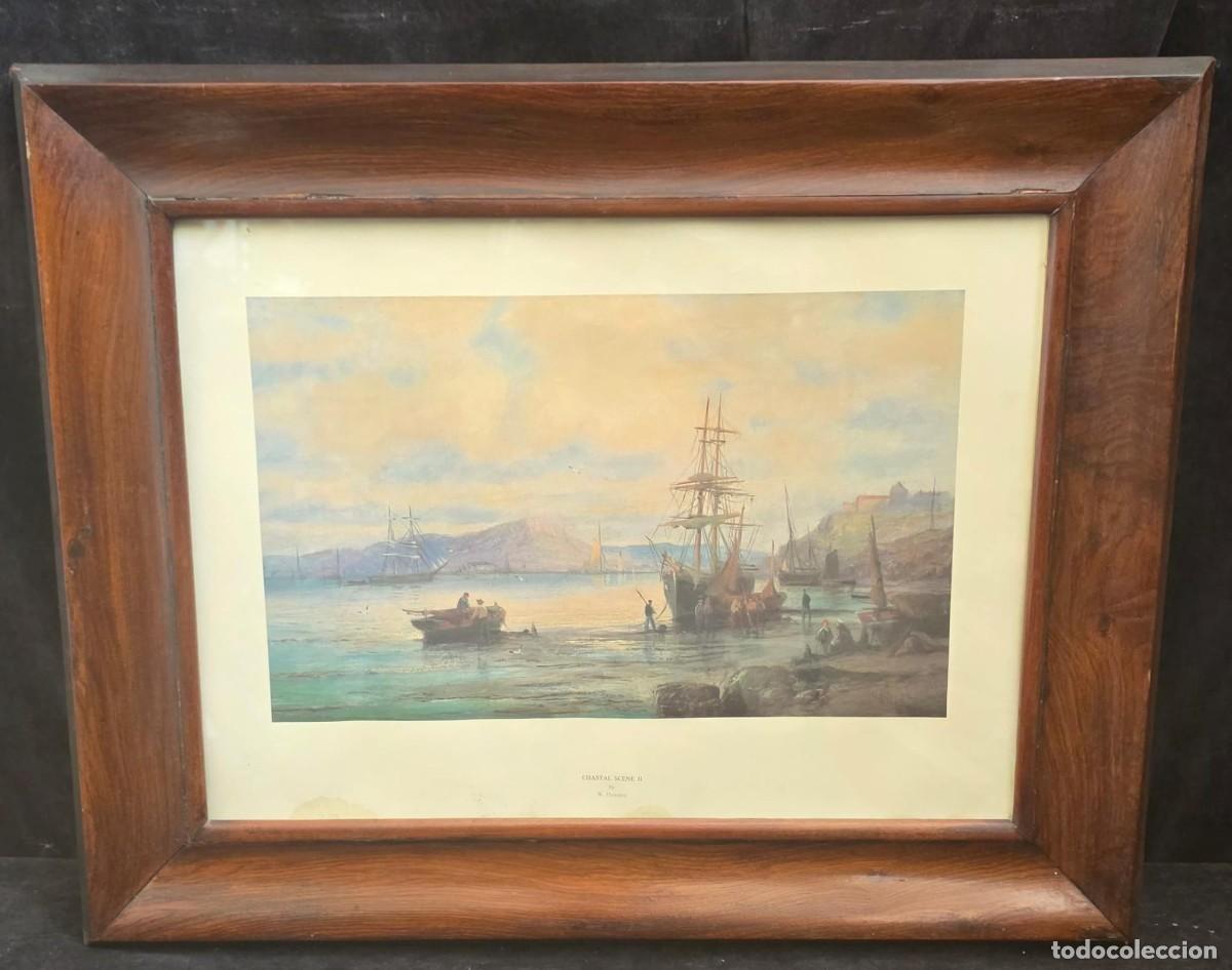 Arte: Antigua L&aacute;mina Marina &rdquo;Coastal Scene II&rdquo; de W. Thornley &ndash; Paisaje Costero con Veleros