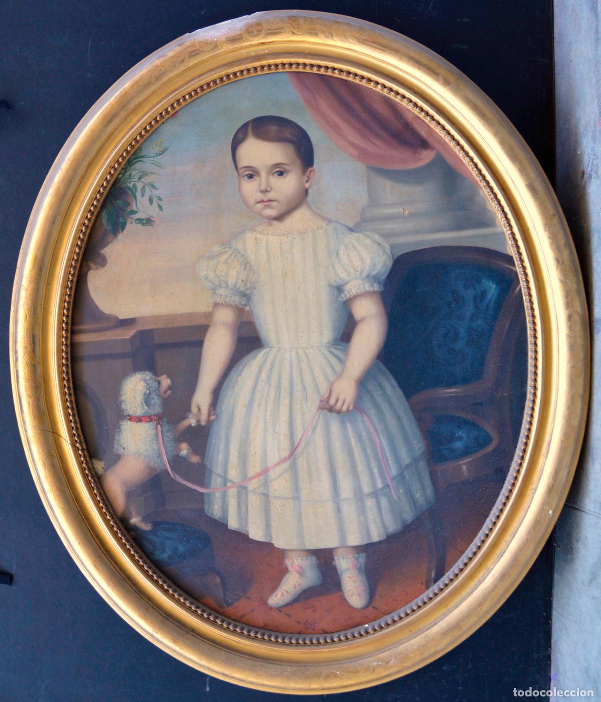 Arte: Retrato isabelino, ni&ntilde;a con perro, pintura al &oacute;leo sobre tela, sin firmar, marco ovalado de &eacute;poca.