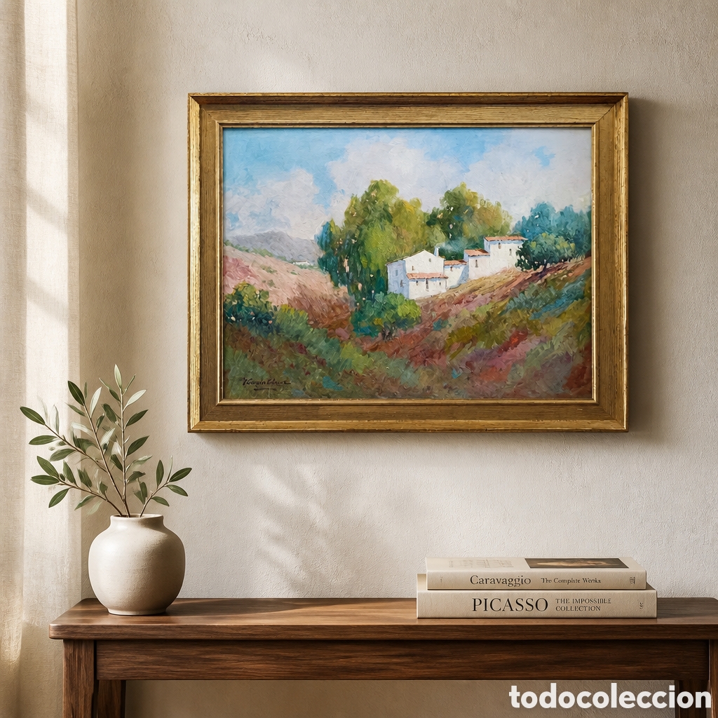 Arte: J.GOMEZ GARC&Iacute;A . OLEO IMPRESIONISTA SOBRE TABLEX. PAISAJE RURAL . MEDIDAS CON MARCO 63&times;49 CM