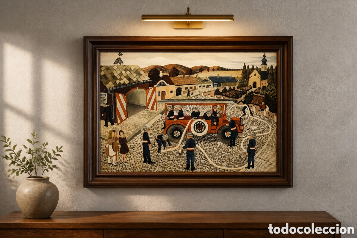Arte: ARTE NAIF ESCUELA EUROPEA. PARQUE DE BOMBEROS. OLEO SOBRE TABLEX.PRIMERA MITAD DEL SIGLO XIX. 77&times;57