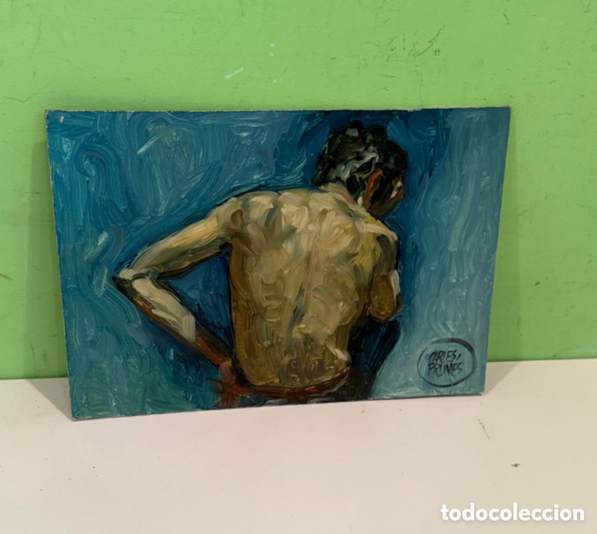 Arte: Carles Prun&eacute;s (1937-2017) Barcelona &ndash; &Oacute;leo original firmado. Desnudo masculino &ndash; 33 &times; 23 cm