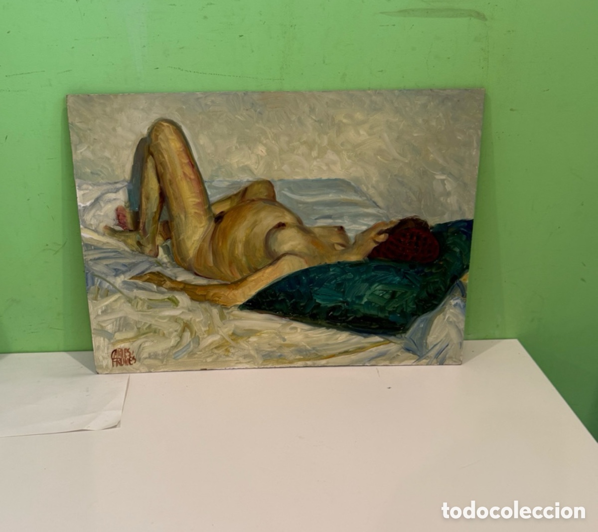 Arte: Carles Prun&eacute;s (1937-2017) Barcelona &ndash; &Oacute;leo original firmado. Desnudo embarazada &ndash; 57 &times; 40 cm