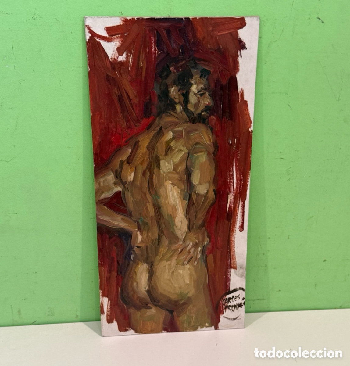 Kunst: Carles Prun&eacute;s (Barcelona, 1937-2017) &ndash; Desnudo masculino de espaldas. &Oacute;leo sobre tabla (39 &times; 18 cm)