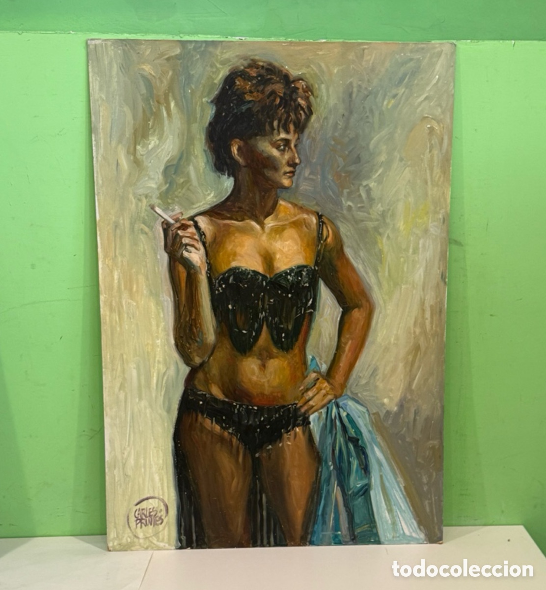 Arte: Carles Prun&eacute;s (Barcelona, 1937-2017) &ndash; Figura femenina con cors&eacute;. &Oacute;leo sobre tabla (80 &times; 55 cm)