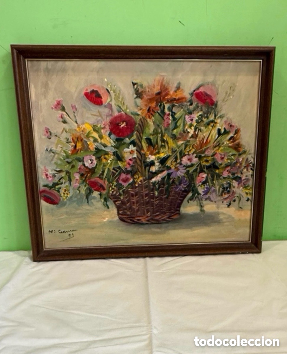 Arte: &Oacute;leo sobre lienzo bodeg&oacute;n floral firmado M&ordf; Carmen 1984 gran decoraci&oacute;n
