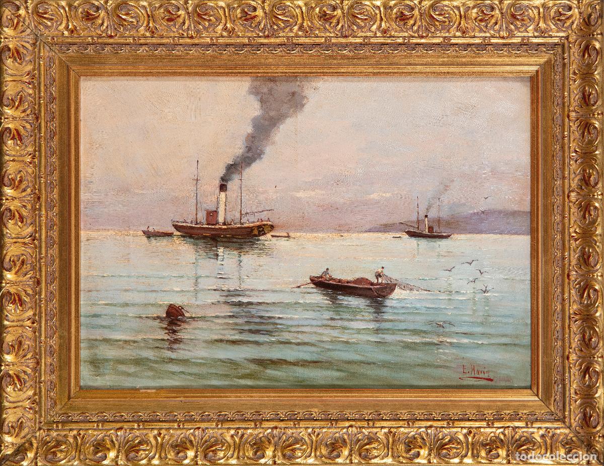 Arte: Marina barcos pescando óleo sobre tabla Enrique Marín Higuero escuela española del siglo XIX